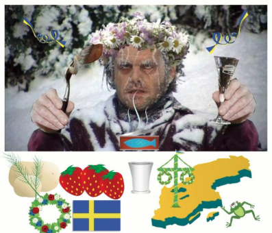 Frusen midsommarfirare med blomsterkrans och svenska symboler